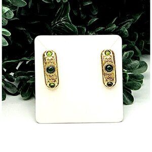 Vintage Gold Tone Green Gems Detailed Filigree Stud Earrings